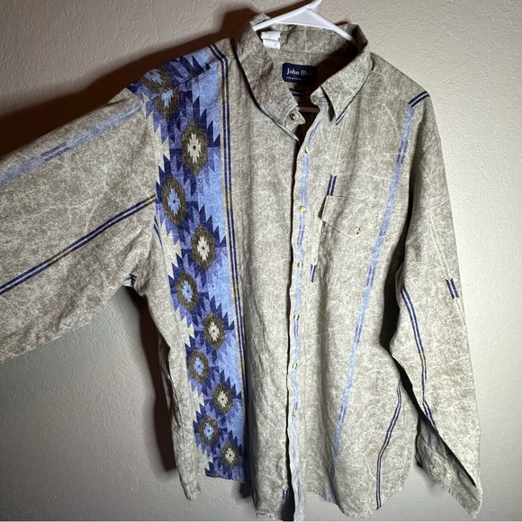 John Blair Men's Casual Western Patterned Button-Down Shirt - Beige and Blue - Picture 3 of 5